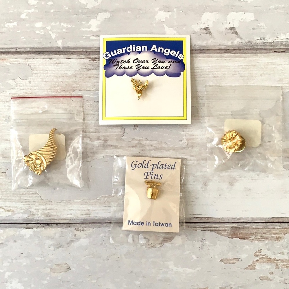 Gold Pin Collection Angel Flower Apple Cornucopia Bundle Set of 4 Golden